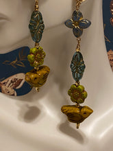 Load image into Gallery viewer, Czech boho dangle earrings; bohemian pierced gold earrings