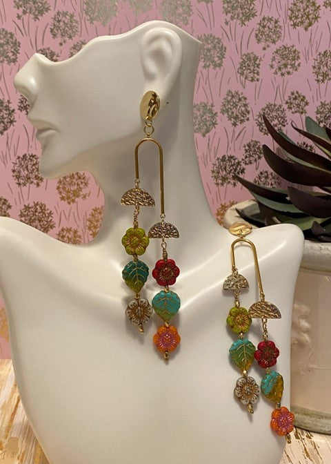 Boho dangle gold post Czech earrings
