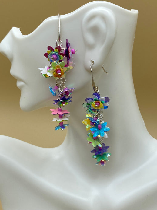 dangle earring; silver earring with flowers; boho earrings; long dangle earrings; flower dangle drop; women earrings; jewelry